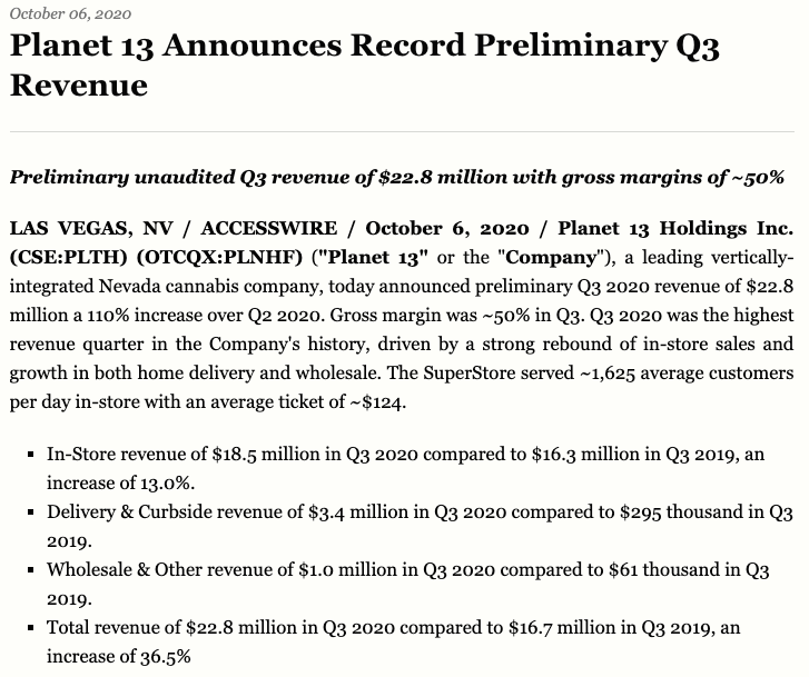 planet 13 stock Q3