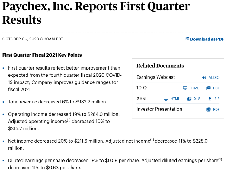 Paychex earnings headline