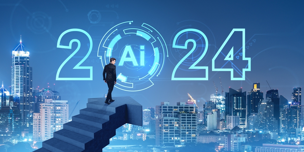 Businessman climbing stairs to 2024 AI sign